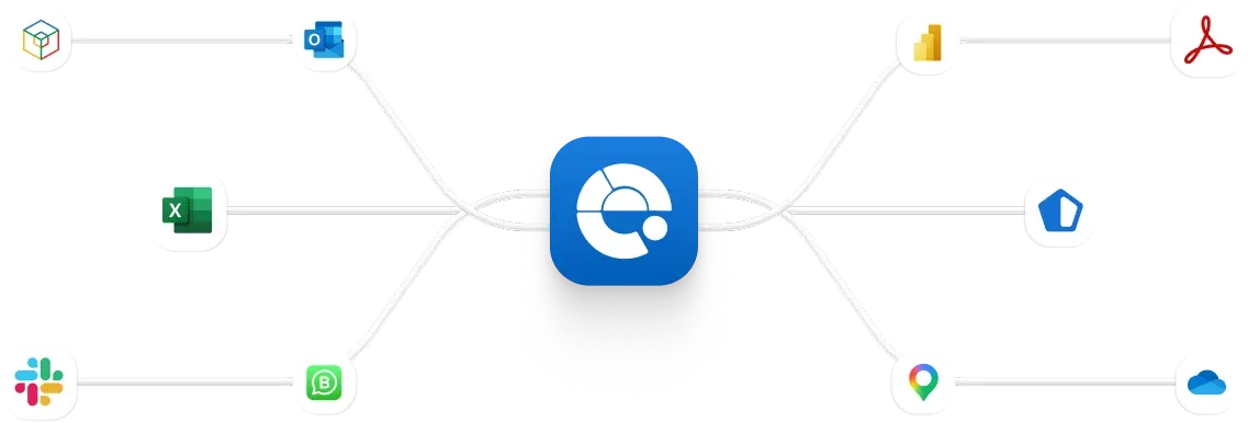 Business tools connected through a central hub, including Excel, Slack, WhatsApp, Chrome, and cloud storage.
