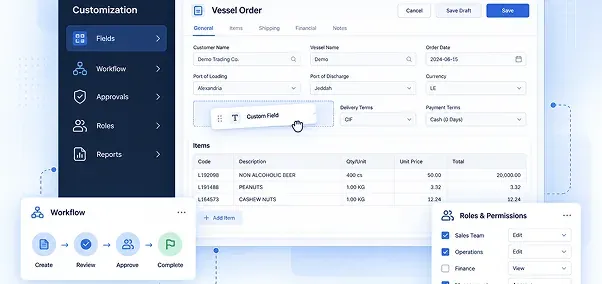 Vessel order form with custom fields, workflow stages, and role permissions.