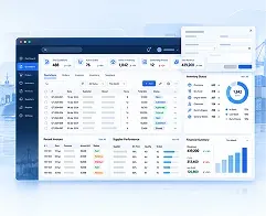 ERP purchasing dashboard with order tables and cost charts.